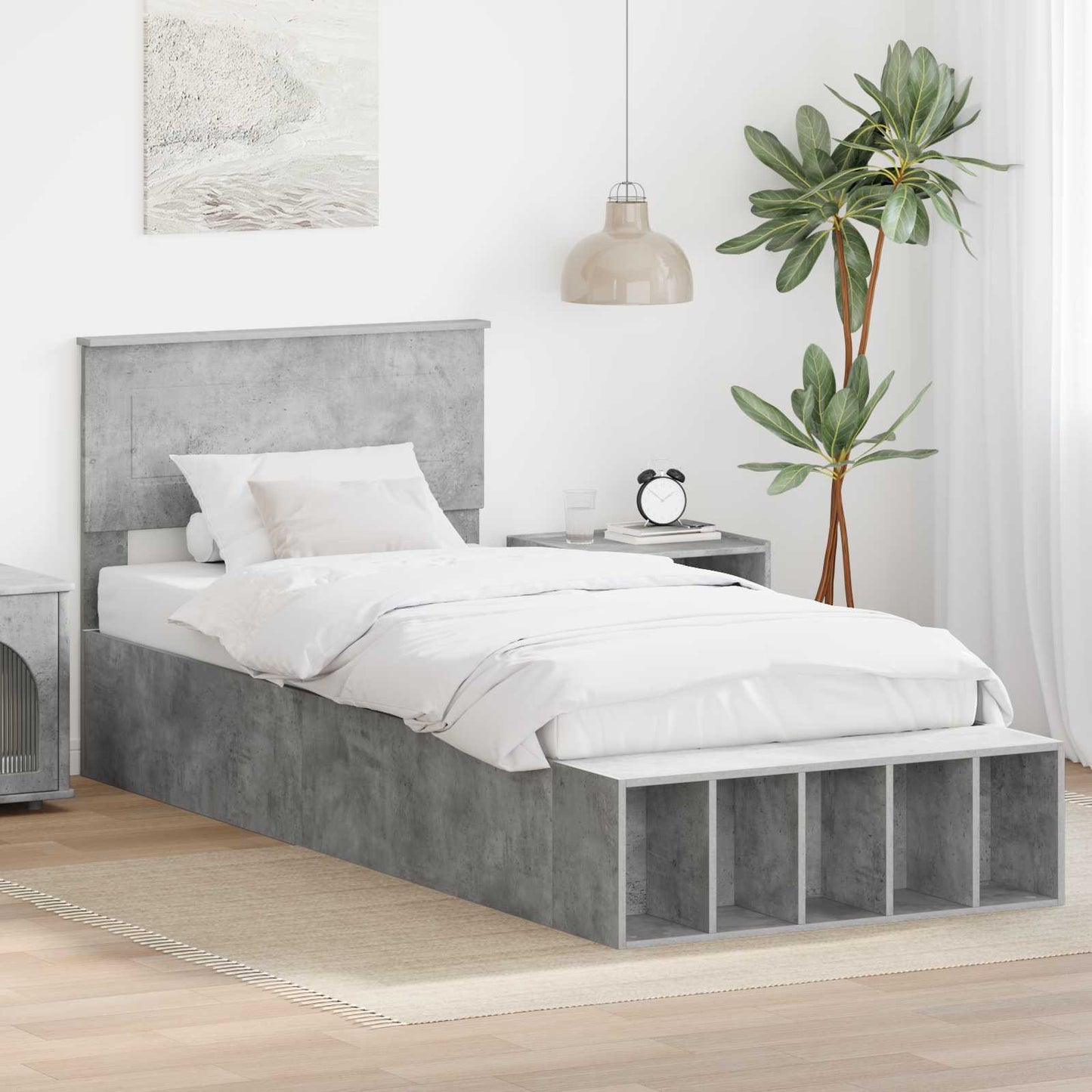 JUNG Vida Bettrahmen mit Regal Beton Grau 90 x 190 cm Holzwerkstoff