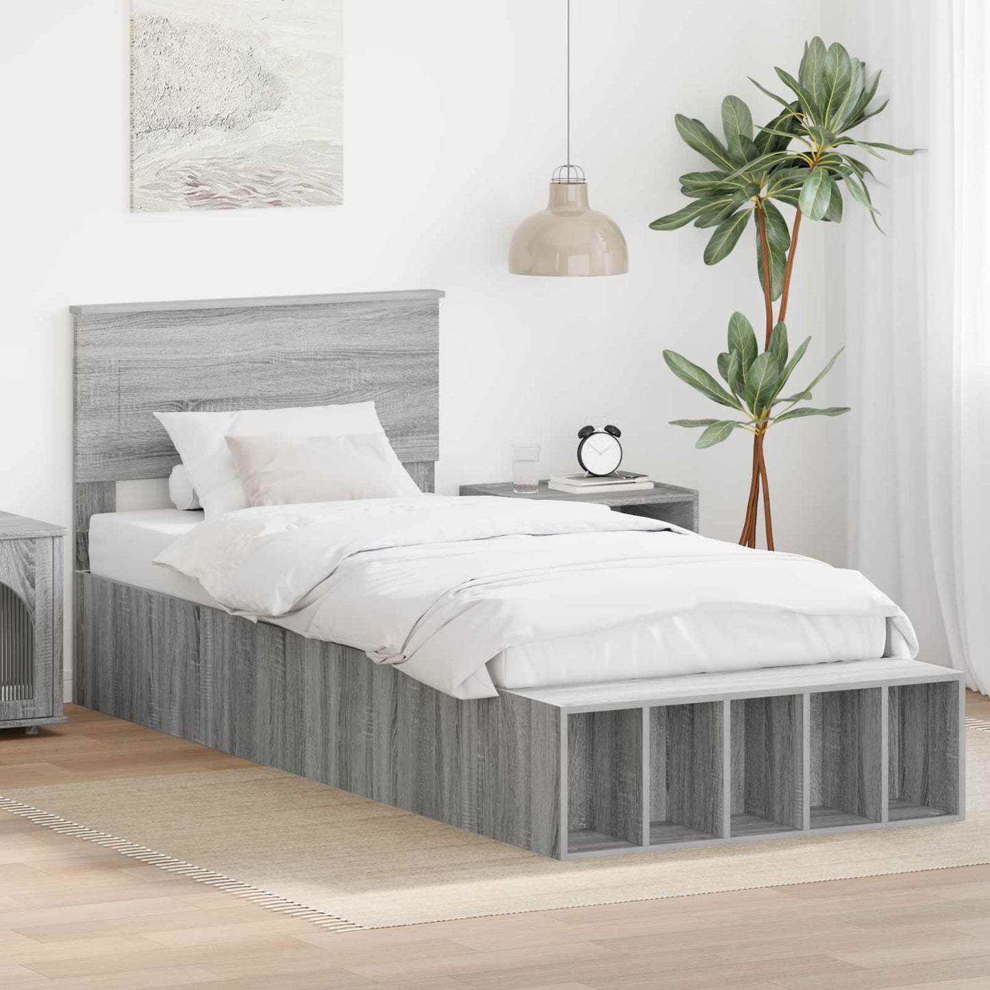 JUNG Vida Bettrahmen mit Regal Graues Sonoma 75 x 190 cm Holzwerkstoff