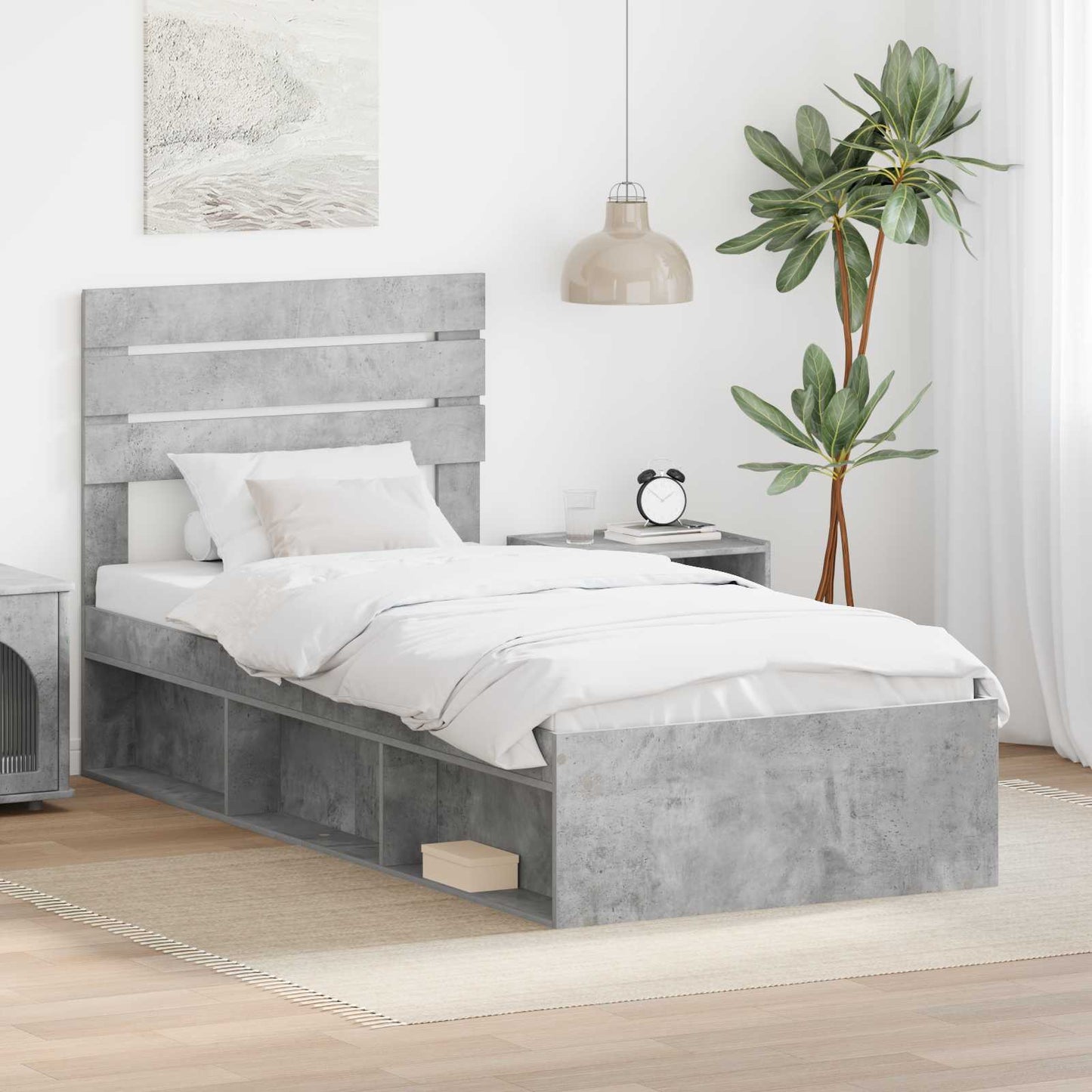 JUNG Vida Bettrahmen mit Kopfteil Beton 90 x 200 cm Massives Kiefernholz
