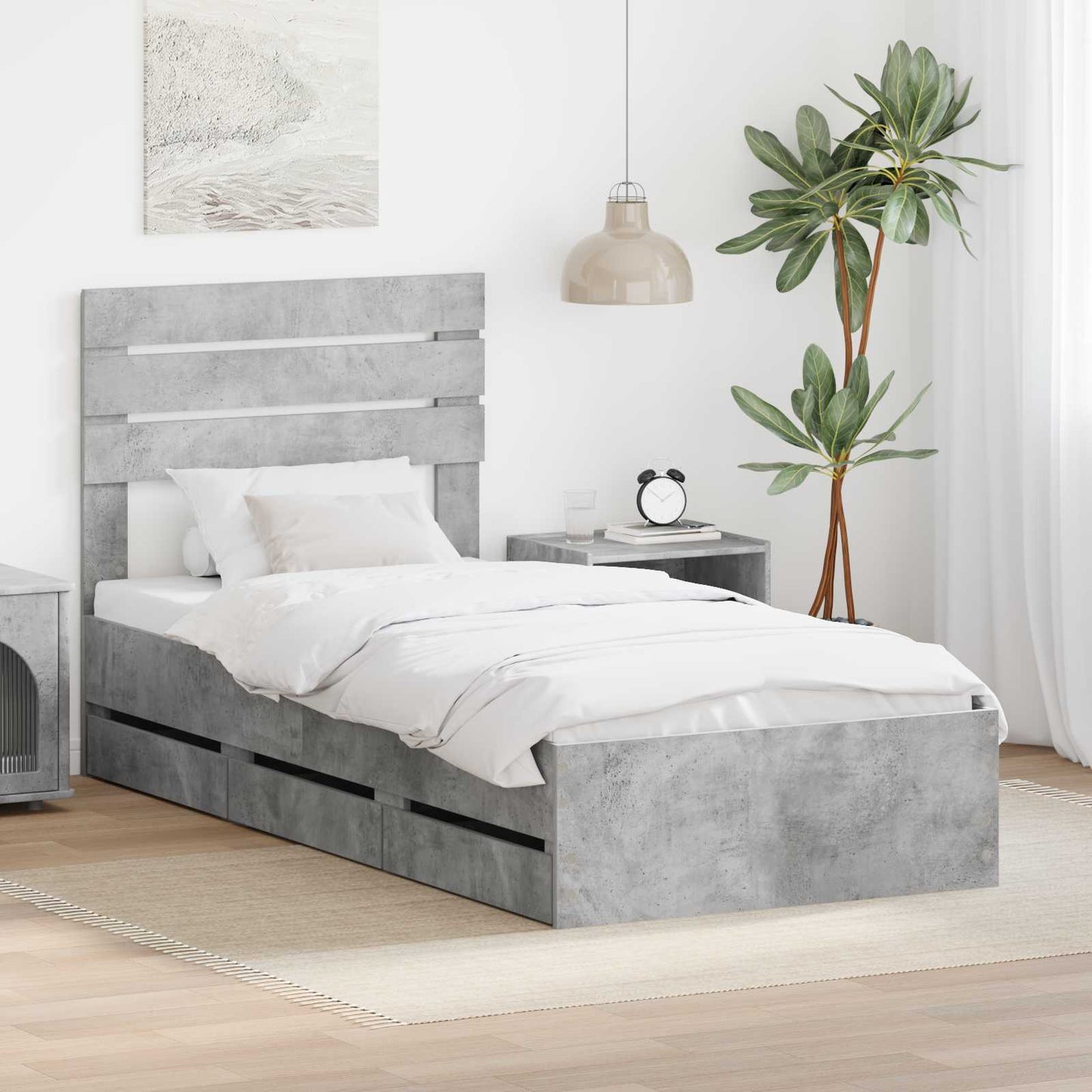 JUNG Vida Bettrahmen mit Kopfteil Beton Grau 90 x 190 cm Ingenieurs Holz