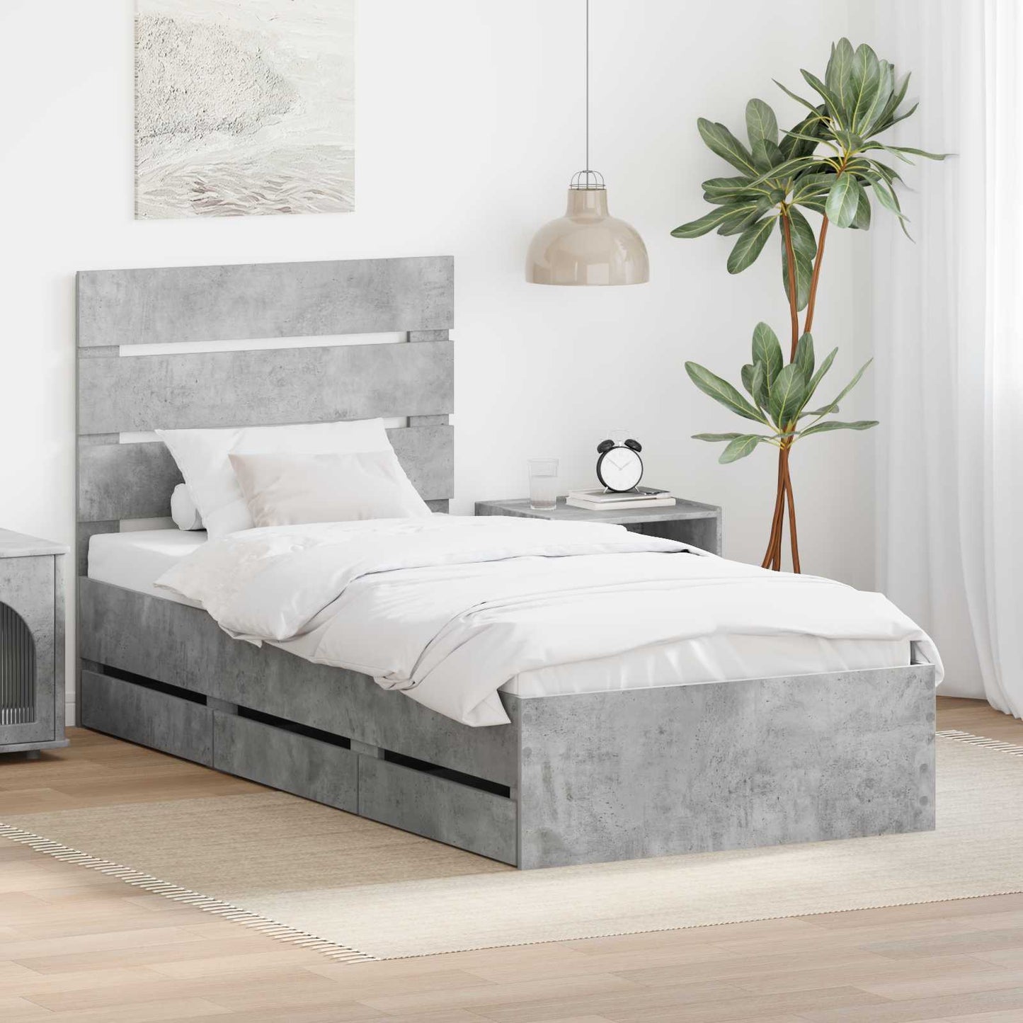 JUNG Vida Bettrahmen mit Kopfteil Beton Grau 100 x 200 cm Ingenieurs Holz