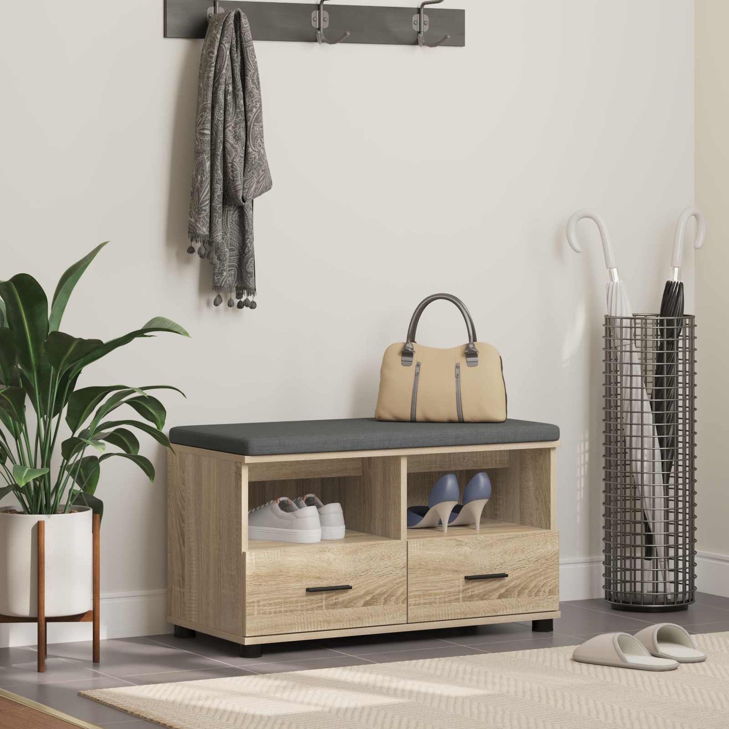 JUNG Vida Flurbank mit Kissen mit Schubladen Sonoma-Eiche 80 x 38 x 46 cm