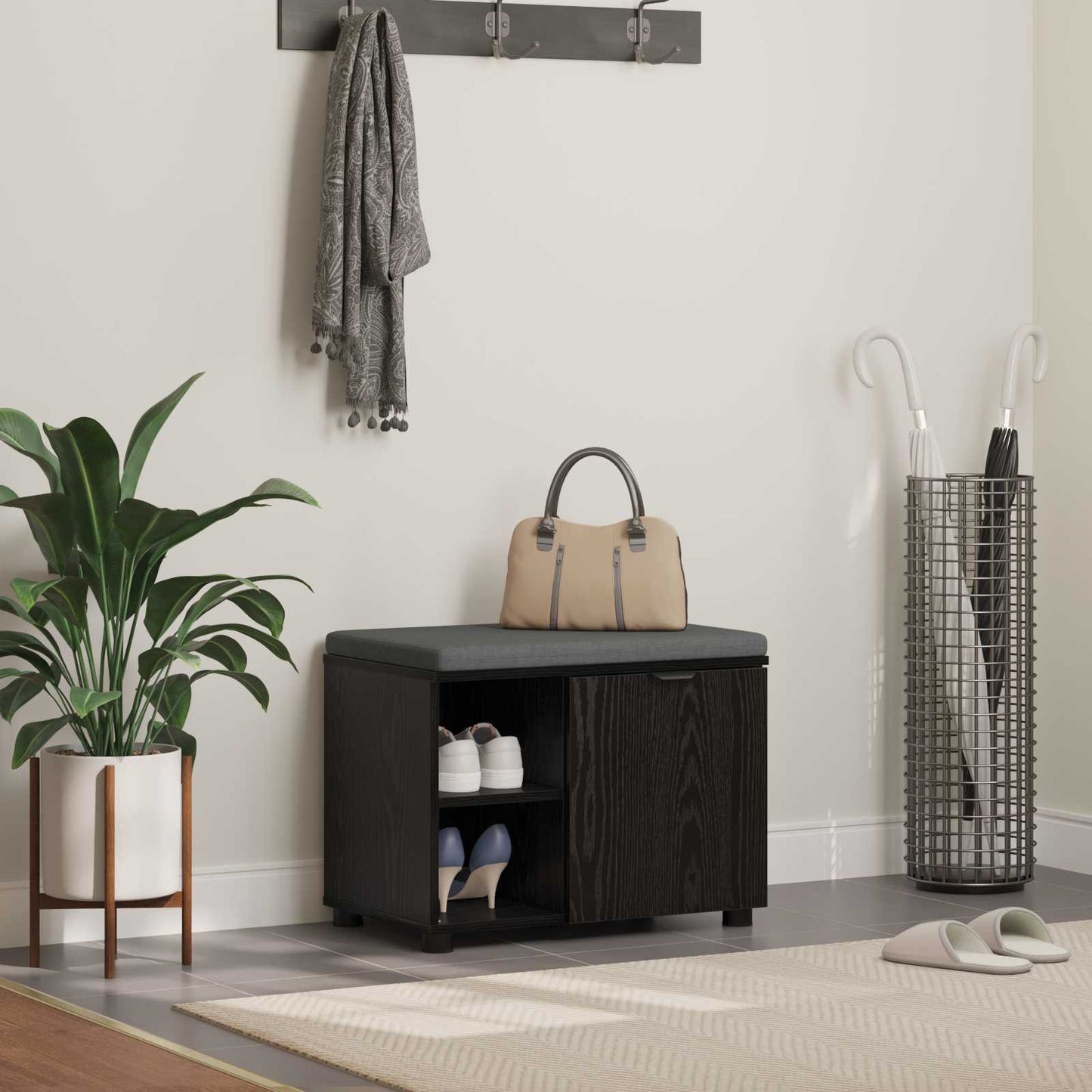 JUNG Vida Flurbank mit Kissen Uni Schwarz Eichen-Optik 60 x 38 x 46 cm