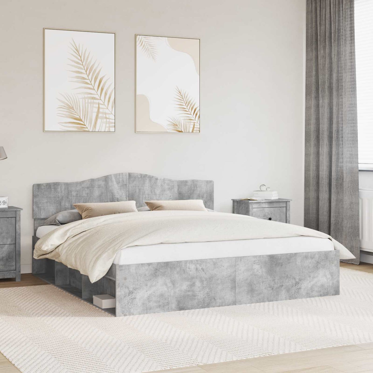 JUNG Vida Bettrahmen mit Kopfteil Beton 200 x 200 cm Massives Kiefernholz