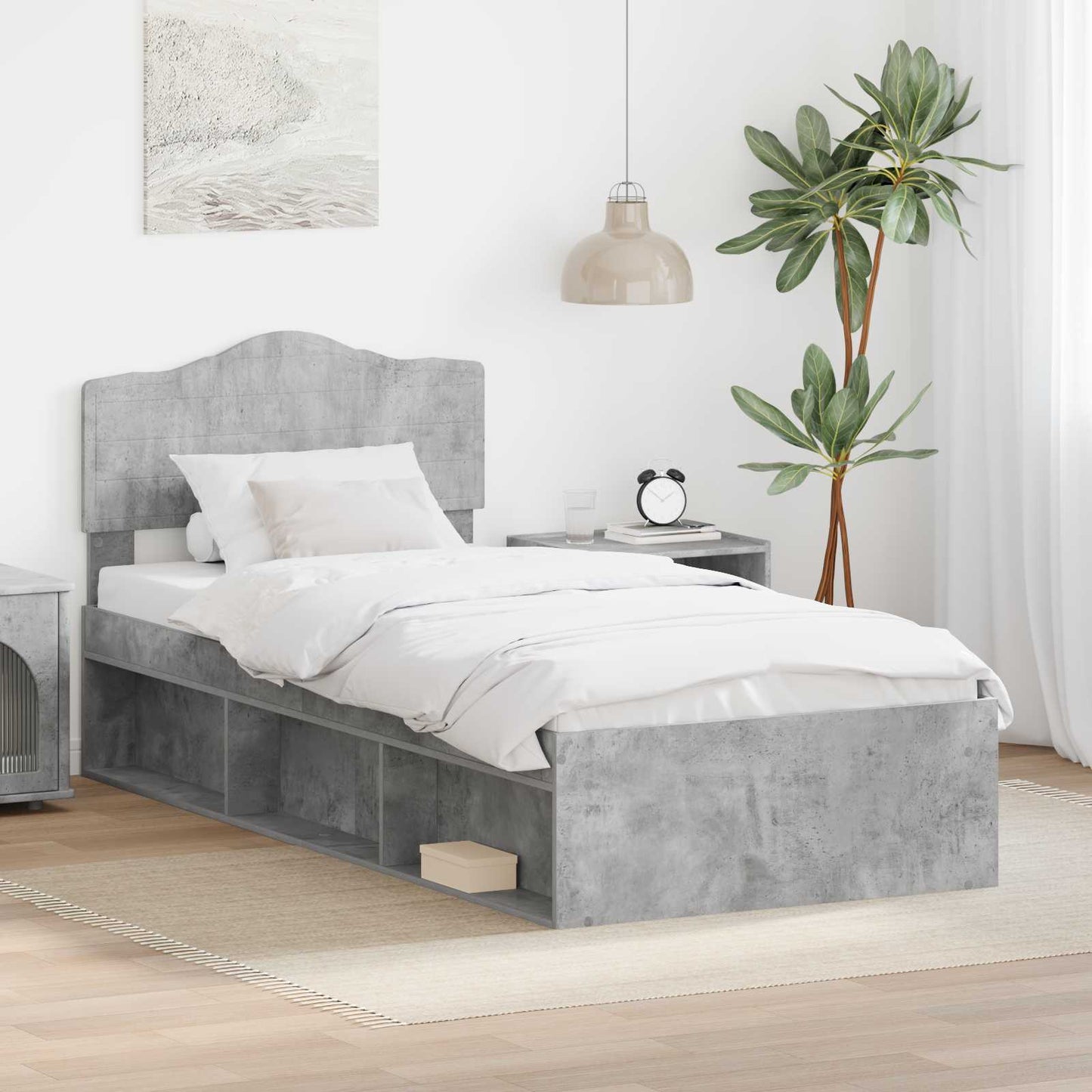JUNG Vida Bettrahmen Beton Grau 100 x 200 cm Massives Kiefernholz