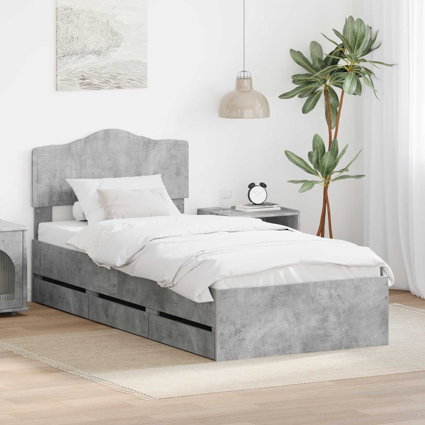 JUNG Vida Bettrahmen mit Kopfteil Beton Grau 90 x 200 cm Ingenieurs Holz