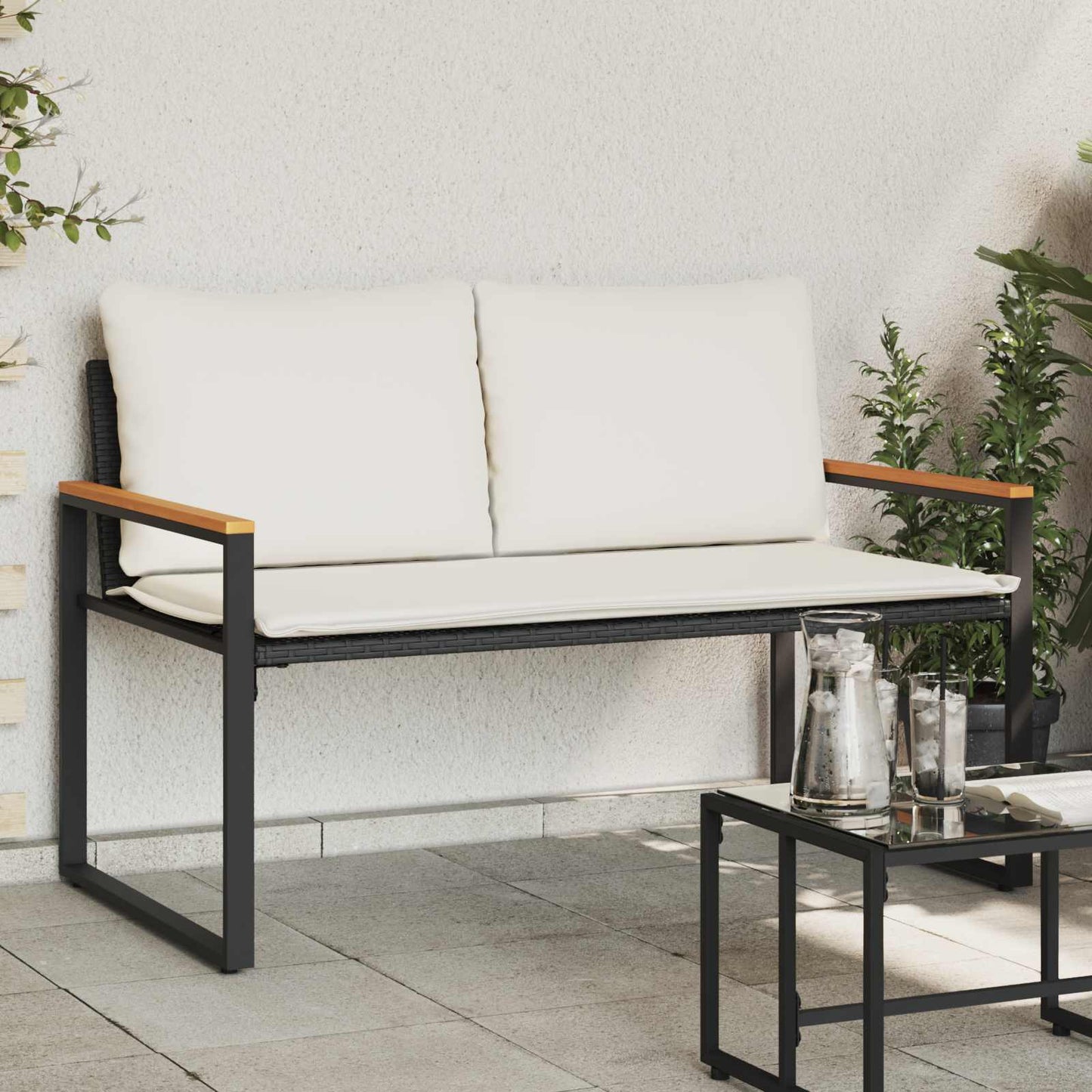 JUNG Vida Bank mit Kissen Schwarz und Cremeweiß 115 x 65 x 72 cm Rattan
