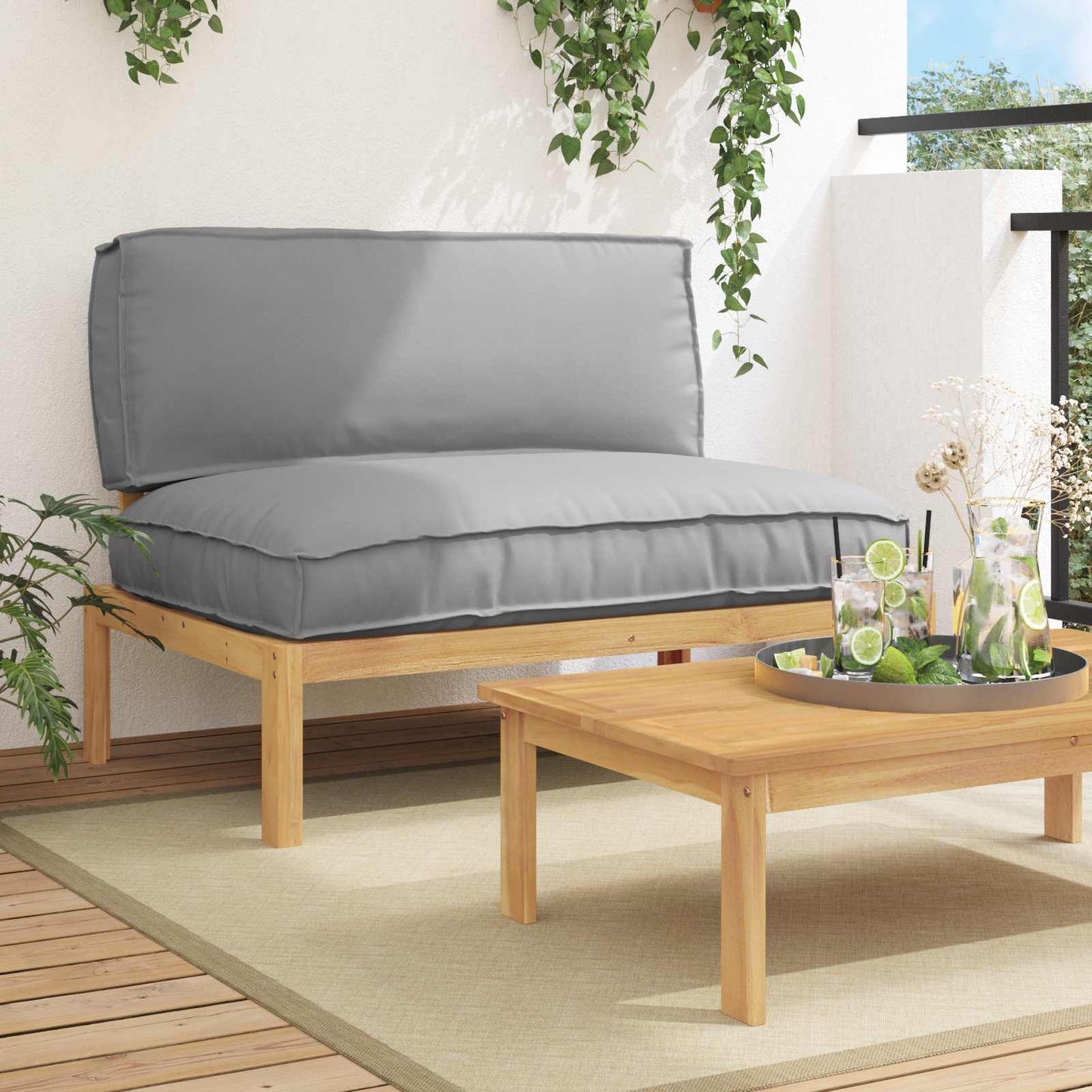 JUNG Vida Sofa Set mit Kissen Uni Grau 120 x 92 x 69 cm Massivholz Akazie