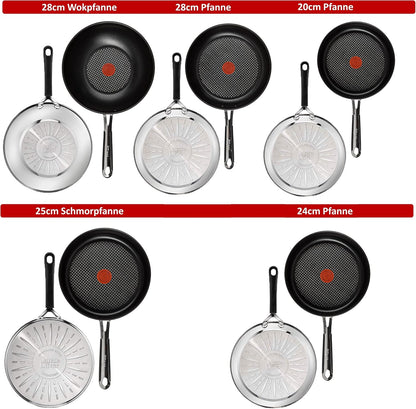 Tefal E30 Jamie Oliver Set 19 Induktionsgeeignetes 9-teiliges Pfannen-Set mit Wok, Schmorpfanne, Bratpfannen in 20/24/28 cm, Antihaftbeschichtung, Thermospot, Edelstahl-Pfannenset für alle Herdarten