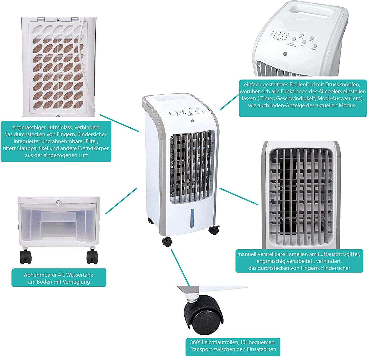 Dunlop AC21 Mobile Klimaanlage mit Verdunstungskühlung, 3 Geschwindigkeitsstufen, 7,5 Stunden Timer, für Räume bis 35 m², Energiesparend, Leicht und Kompakt, Turmventilator, 4 L Wasserbehälter