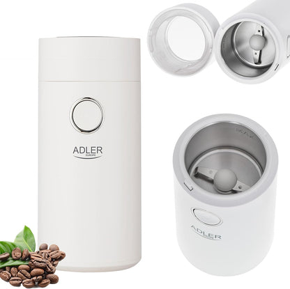 JUNG ADLER AD4446WS Kaffeemühle elektrisch 150W, elektrische Kaffeebohnenmühle, Schlagmesser Edelstahl, 75g Füllmenge, Kaffeemühle für Kaffee Espresso Latte Mokka, Sicherheitsdeckel Weiß / Silber