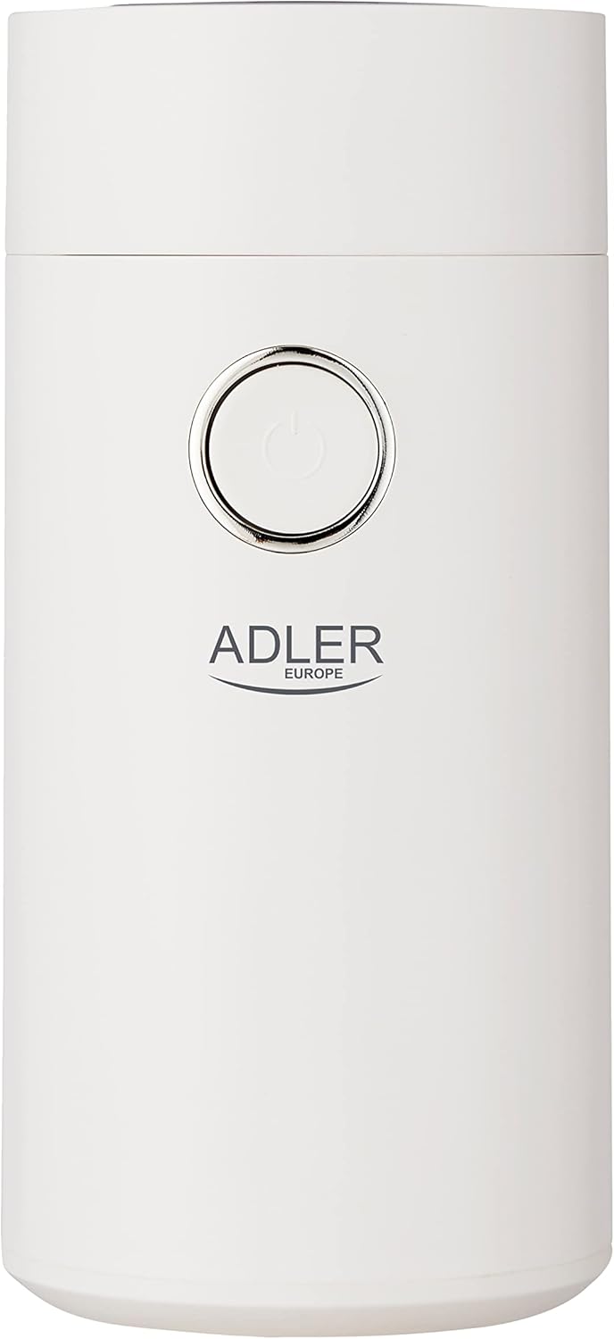 JUNG ADLER AD4446WS Kaffeemühle elektrisch 150W, elektrische Kaffeebohnenmühle, Schlagmesser Edelstahl, 75g Füllmenge, Kaffeemühle für Kaffee Espresso Latte Mokka, Sicherheitsdeckel Weiß / Silber