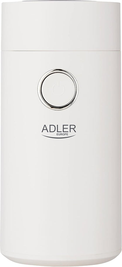 JUNG ADLER AD4446WS Kaffeemühle elektrisch 150W, elektrische Kaffeebohnenmühle, Schlagmesser Edelstahl, 75g Füllmenge, Kaffeemühle für Kaffee Espresso Latte Mokka, Sicherheitsdeckel Weiß / Silber