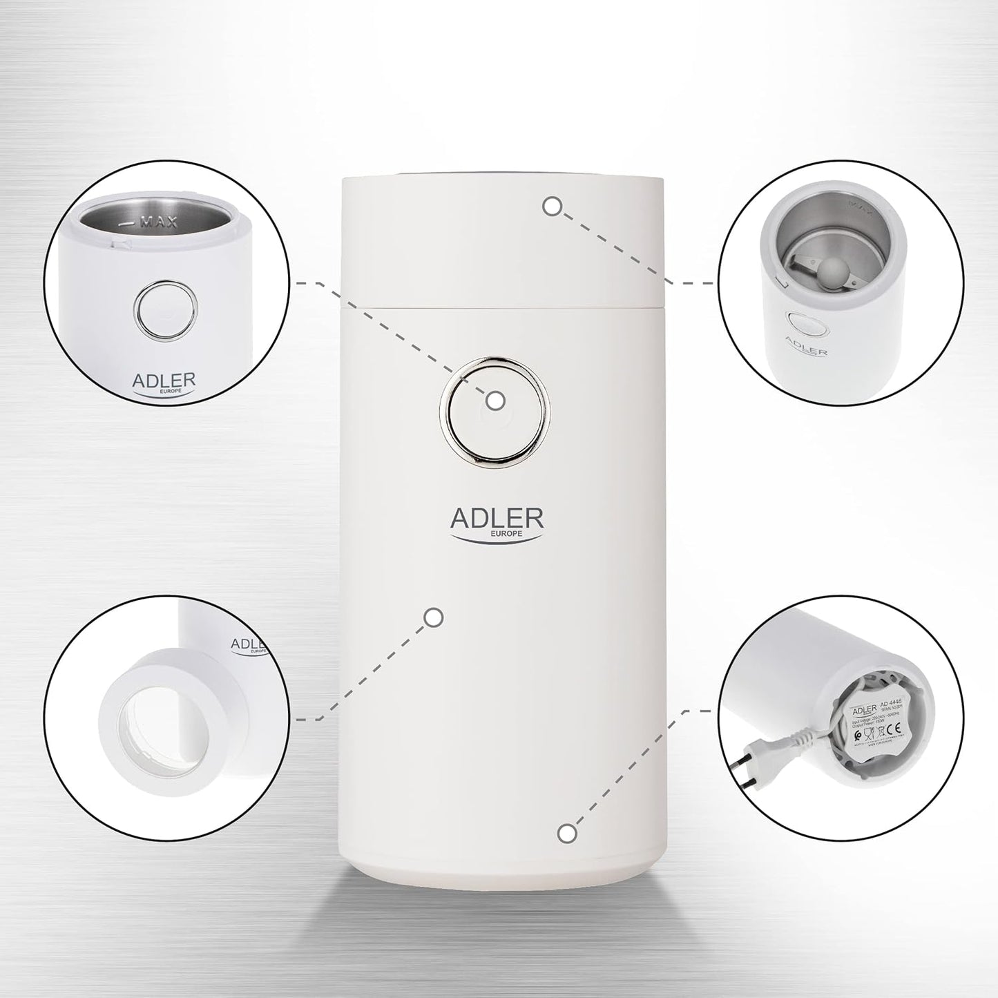 JUNG ADLER AD4446WS Kaffeemühle elektrisch 150W, elektrische Kaffeebohnenmühle, Schlagmesser Edelstahl, 75g Füllmenge, Kaffeemühle für Kaffee Espresso Latte Mokka, Sicherheitsdeckel Weiß / Silber