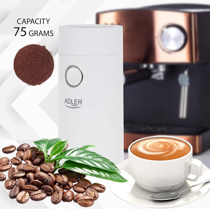 JUNG ADLER AD4446WS Kaffeemühle elektrisch 150W, elektrische Kaffeebohnenmühle, Schlagmesser Edelstahl, 75g Füllmenge, Kaffeemühle für Kaffee Espresso Latte Mokka, Sicherheitsdeckel Weiß / Silber