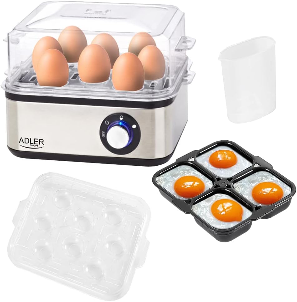 JUNG ADLER AD4486 Eierkocher Edelstahl 800W 8 Eier Härtegrad einstellbar BPA-frei Eierkocher Messbecher Eierstecher Spiegelei-Pfännchen kompakt klappbare Haube Eierkocher Edelstahlgehäuse