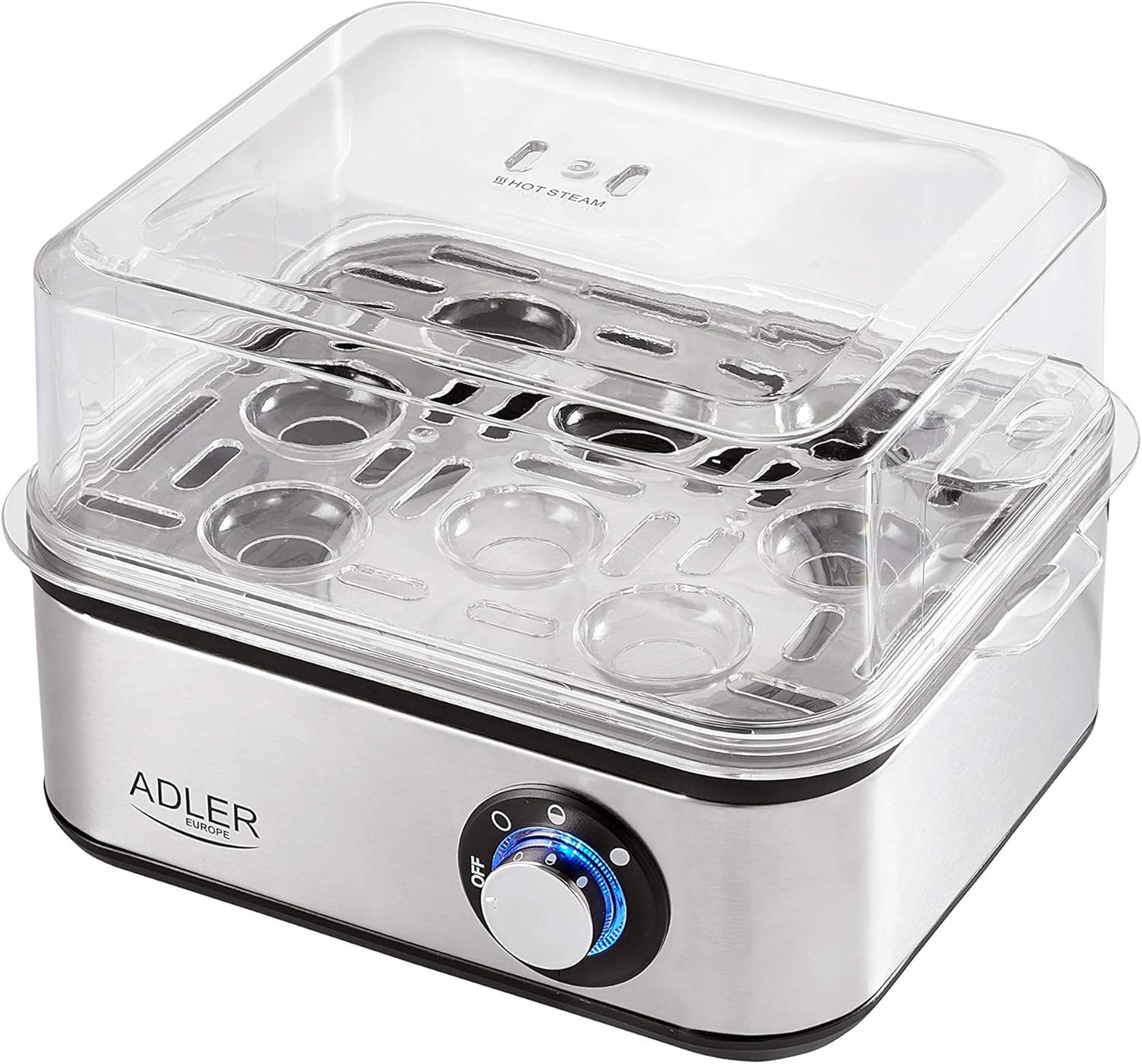 JUNG ADLER AD4486 Eierkocher Edelstahl 800W 8 Eier Härtegrad einstellbar BPA-frei Eierkocher Messbecher Eierstecher Spiegelei-Pfännchen kompakt klappbare Haube Eierkocher Edelstahlgehäuse