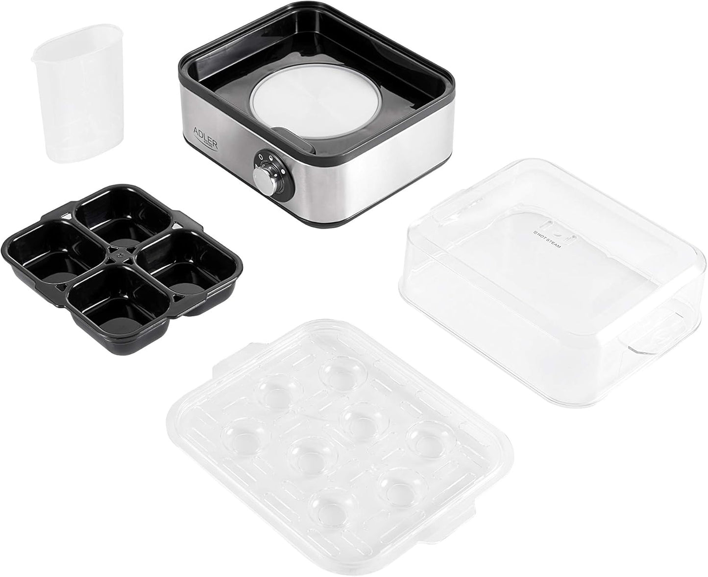 JUNG ADLER AD4486 Eierkocher Edelstahl 800W 8 Eier Härtegrad einstellbar BPA-frei Eierkocher Messbecher Eierstecher Spiegelei-Pfännchen kompakt klappbare Haube Eierkocher Edelstahlgehäuse