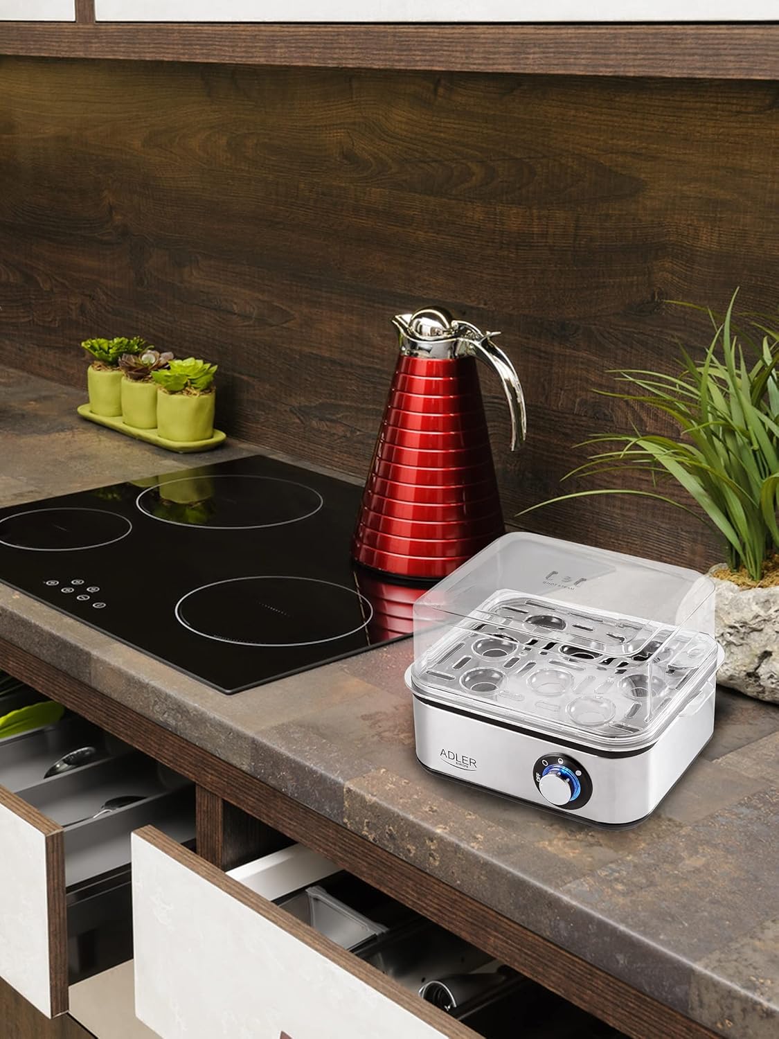 JUNG ADLER AD4486 Eierkocher Edelstahl 800W 8 Eier Härtegrad einstellbar BPA-frei Eierkocher Messbecher Eierstecher Spiegelei-Pfännchen kompakt klappbare Haube Eierkocher Edelstahlgehäuse