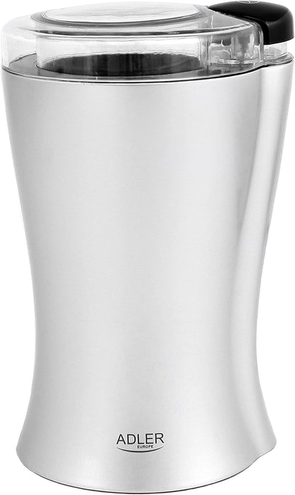 JUNG ADLER AD443 elektrische Kaffeemühle 150W grau Kaffeebohnenmühle Edelstahlmesser kompakt leise 70g Füllmenge Sicherheitsdeckel Kaffeemühle für Espresso Kaffee Latte Mokka Küchenmühle