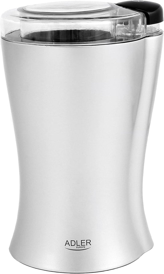 JUNG ADLER AD443 elektrische Kaffeemühle 150W grau Kaffeebohnenmühle Edelstahlmesser kompakt leise 70g Füllmenge Sicherheitsdeckel Kaffeemühle für Espresso Kaffee Latte Mokka Küchenmühle