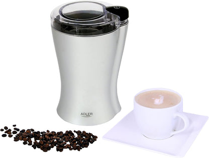 JUNG ADLER AD443 elektrische Kaffeemühle 150W grau Kaffeebohnenmühle Edelstahlmesser kompakt leise 70g Füllmenge Sicherheitsdeckel Kaffeemühle für Espresso Kaffee Latte Mokka Küchenmühle