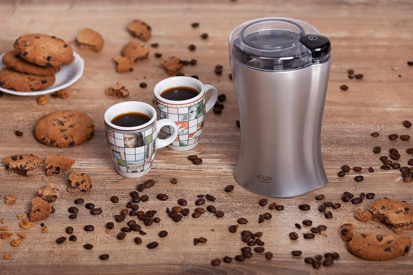 JUNG ADLER AD443 elektrische Kaffeemühle 150W grau Kaffeebohnenmühle Edelstahlmesser kompakt leise 70g Füllmenge Sicherheitsdeckel Kaffeemühle für Espresso Kaffee Latte Mokka Küchenmühle