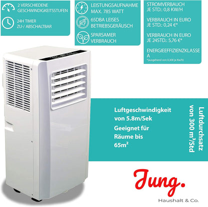 JUNG AIR TK04 Mobile Klimaanlage 9000 BTU, 2,6 kW, Fernbedienung, Entfeuchtungsfunktion, Abluftschlauch, Energieeffizienz A, leise 60 dB, für Räume bis 75 m³, flexible Kühlung und Belüftung