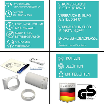 Commodoor AIR TK03 Mobile Klimaanlage 7000 BTU, 2,0 KW, Fernbedienung, Entfeuchtungsfunktion, Abluftschlauch, Energieklasse A, für Räume bis 65 m³, leise 65dB, 24h-Timer, effiziente Kühlung