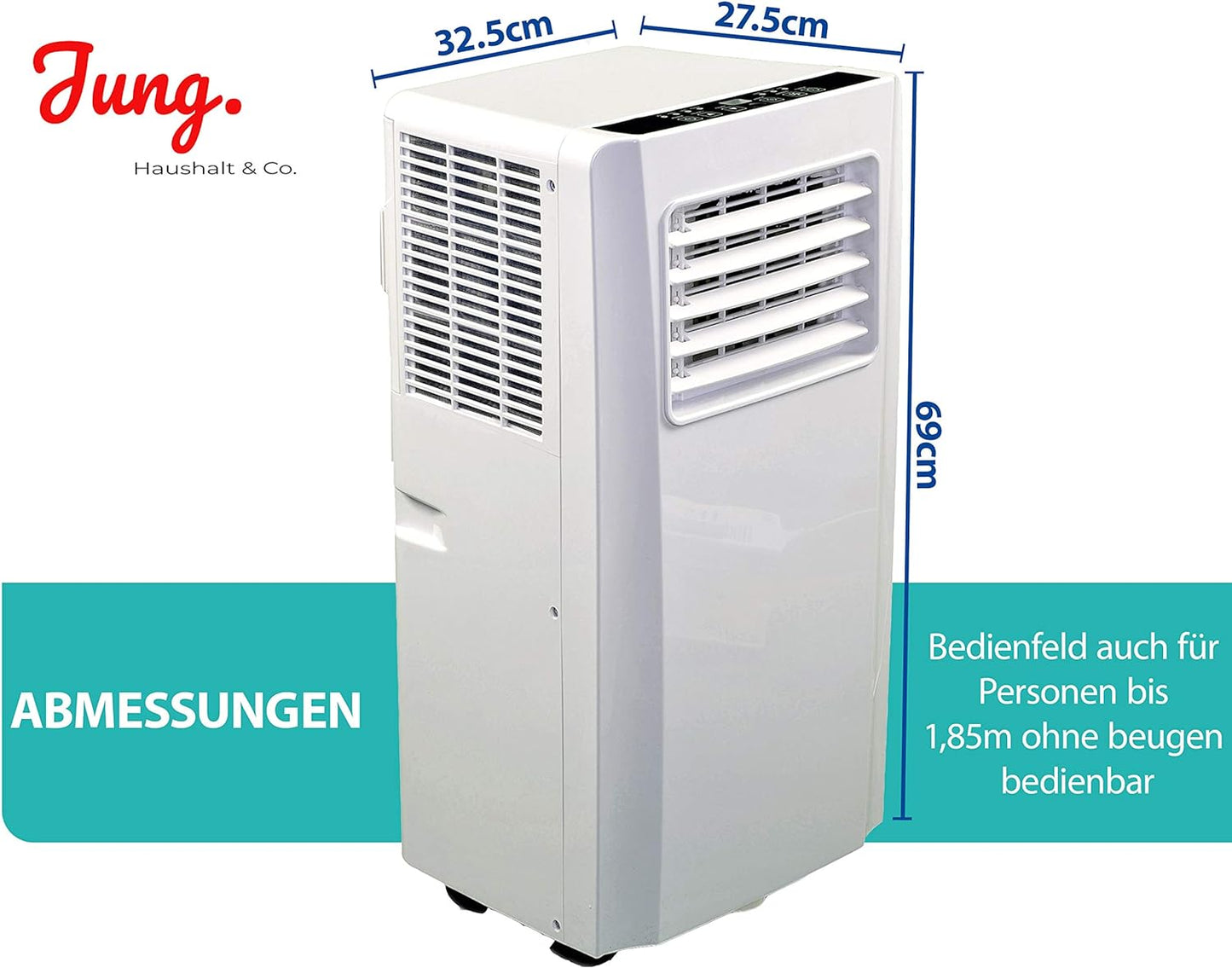 JUNG AIR TK04 Mobile Klimaanlage 9000 BTU, 2,6 kW, Fernbedienung, Entfeuchtungsfunktion, Abluftschlauch, Energieeffizienz A, leise 60 dB, für Räume bis 75 m³, flexible Kühlung und Belüftung