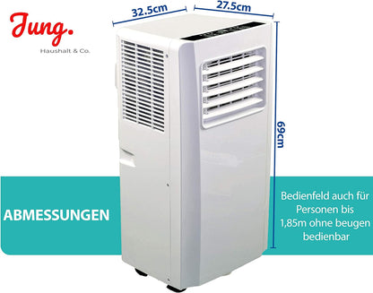 JUNG AIR TK04 Mobile Klimaanlage 9000 BTU, 2,6 kW, Fernbedienung, Entfeuchtungsfunktion, Abluftschlauch, Energieeffizienz A, leise 60 dB, für Räume bis 75 m³, flexible Kühlung und Belüftung