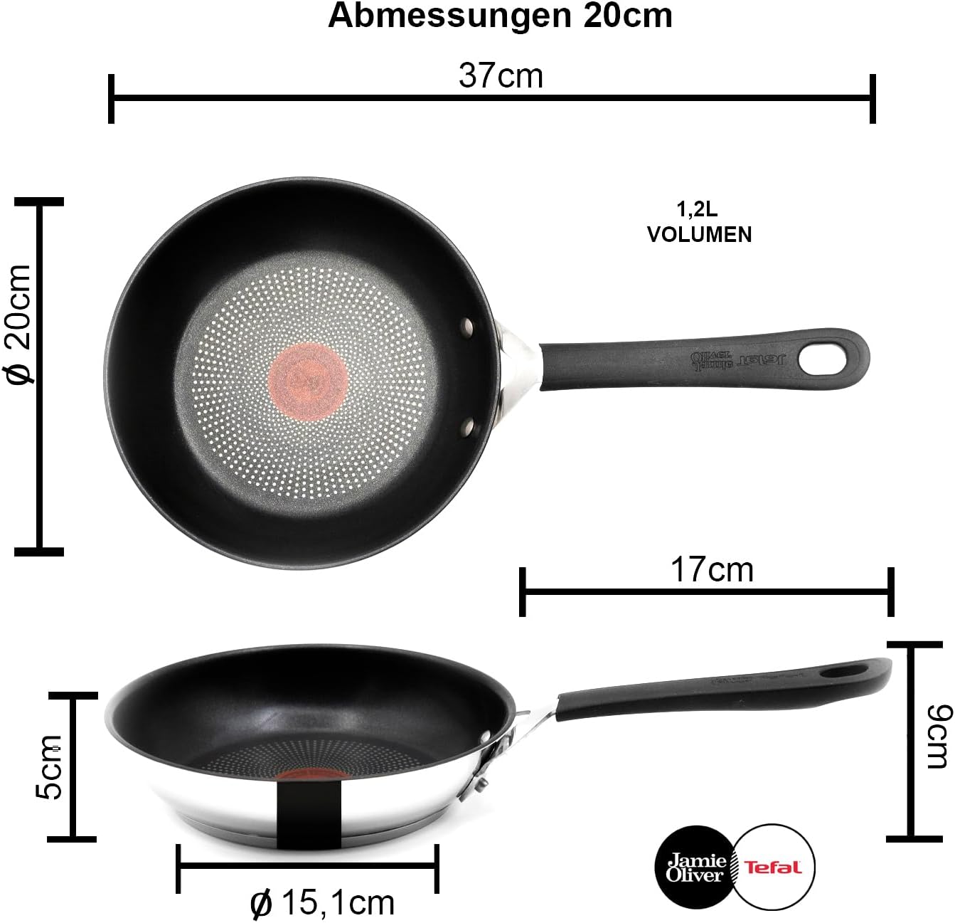 Tefal E30 Jamie Oliver Edelstahl Bratpfanne 20 cm, Antihaftbeschichtet, Induktionsfähig, Ofenfest bis 175°C, Hitzebeständig bis 260°C, Thermo-Signal, Genieteter Edelstahlgriff mit Silikon