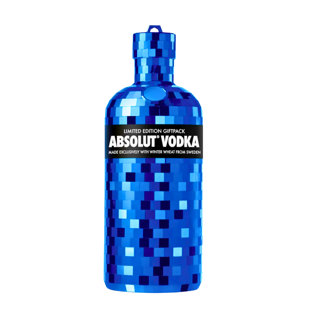 Absolut Vodka Disco Blau 0,75L Leer Flasche - Limited Edition 2009 -Hartplastik-Sammlerhülle – Spiegelblaues Discokugel-Design ohne Flasche – Edition 2009 USA/Kanada – Kompatibel mit Absolut Wodka 750ml-Flaschen