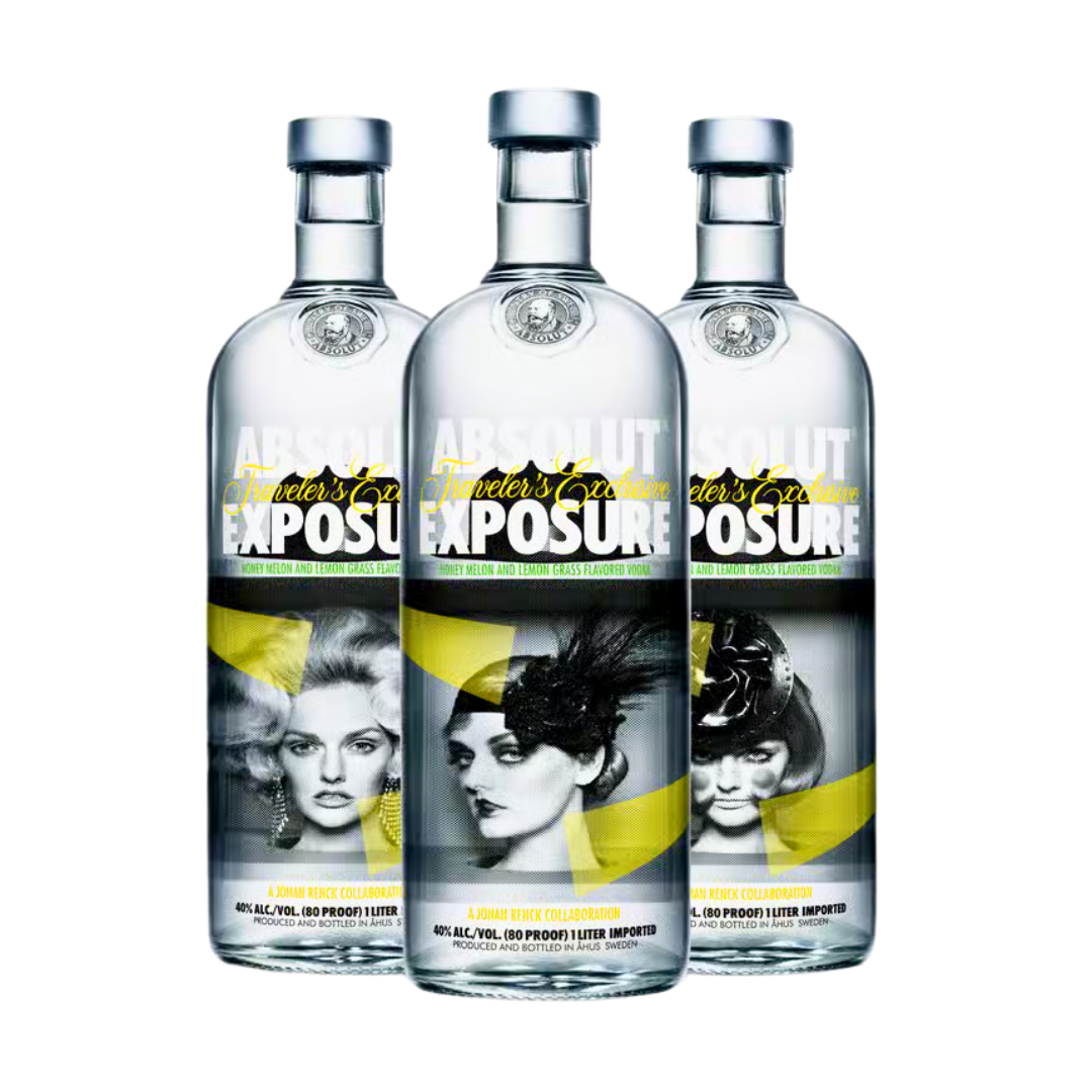 Absolut Vodka 1L Exposure 3er Set – Limited Edition 2013 -  Sammleredition mit Fotodruck von Johan Renck – 3 x 1000ml Wodka mit Honigmelone-Zitronengras Geschmack – Kunstflasche für Sammler