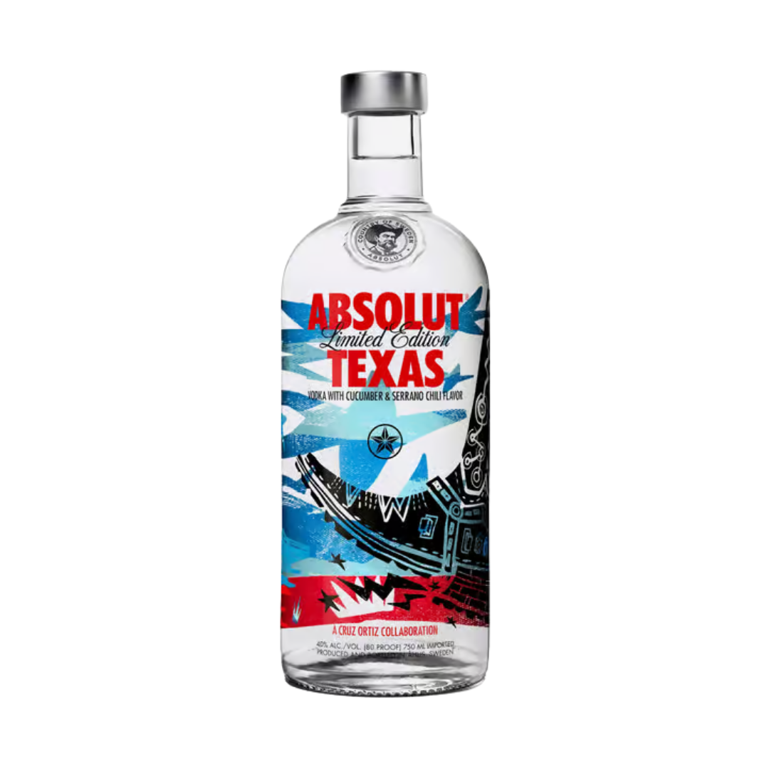 Absolut Vodka Texas 0,75L mit TAG - Limitied Edition 2014 - mit Gurke und Serrano-Chili Geschmack, Künstlerdesign von Cruz Ortiz, Sammlerflasche mit Normalverschluss, Hochwertiger Wodka USA