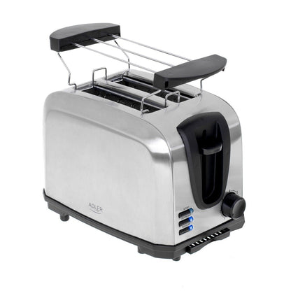 ADLER AD3222 Edelstahl Toaster 2 Scheiben, Brötchenaufsatz, 1000W Leistung, 7 Bräunungsstufen, Auftaufunktion, Röstfunktion, Stoppfunktion, Krümelschublade, Kabelaufbewahrung, sicherer Toastauswurf