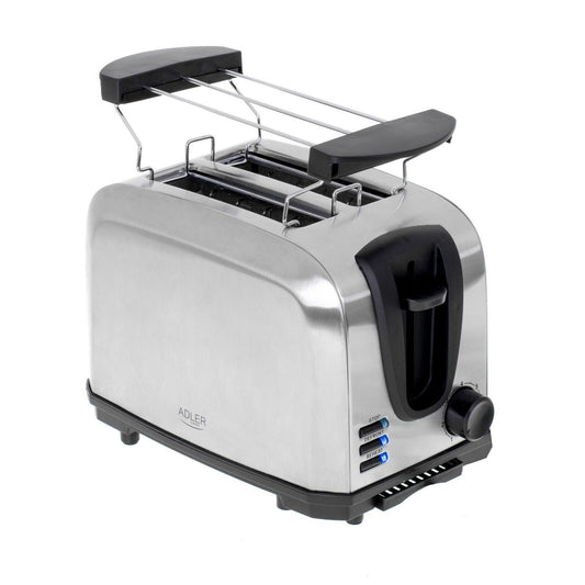 ADLER AD3222 Edelstahl Toaster 2 Scheiben, Brötchenaufsatz, 1000W Leistung, 7 Bräunungsstufen, Auftaufunktion, Röstfunktion, Stoppfunktion, Krümelschublade, Kabelaufbewahrung, sicherer Toastauswurf