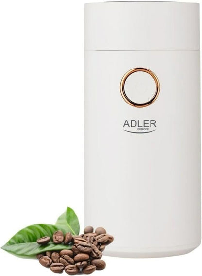 ADLER AD4446WG Kaffeemühle elektrisch 150W, Kaffeebohnenmühle Edelstahl, Kaffeemühle für Espresso Latte Mokka, einstellbarer Mahlgrad, 75g Füllmenge, Schlagmesser, Sicherheitsdeckel Weiß / Gold
