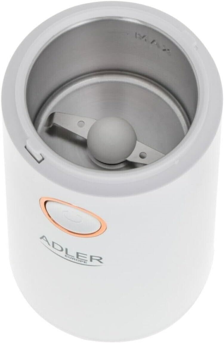 ADLER AD4446WG Kaffeemühle elektrisch 150W, Kaffeebohnenmühle Edelstahl, Kaffeemühle für Espresso Latte Mokka, einstellbarer Mahlgrad, 75g Füllmenge, Schlagmesser, Sicherheitsdeckel Weiß / Gold