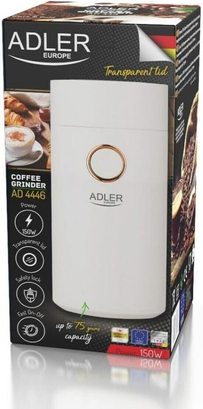 ADLER AD4446WG Kaffeemühle elektrisch 150W, Kaffeebohnenmühle Edelstahl, Kaffeemühle für Espresso Latte Mokka, einstellbarer Mahlgrad, 75g Füllmenge, Schlagmesser, Sicherheitsdeckel Weiß / Gold