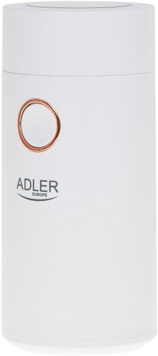 ADLER AD4446WG Kaffeemühle elektrisch 150W, Kaffeebohnenmühle Edelstahl, Kaffeemühle für Espresso Latte Mokka, einstellbarer Mahlgrad, 75g Füllmenge, Schlagmesser, Sicherheitsdeckel Weiß / Gold