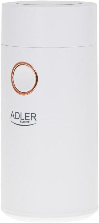 ADLER AD4446WG Kaffeemühle elektrisch 150W, Kaffeebohnenmühle Edelstahl, Kaffeemühle für Espresso Latte Mokka, einstellbarer Mahlgrad, 75g Füllmenge, Schlagmesser, Sicherheitsdeckel Weiß / Gold