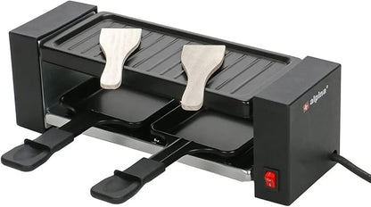 JUNG Alpina Kompakt-Raclette-Grill für 2 Personen – Antihaftbeschichtet, Edelstahl-Mini-Tischgrill mit 2 Pfännchen und Grillplatte, ideal zum Überbacken, Braten, Grillen, Raclettegenuss pur