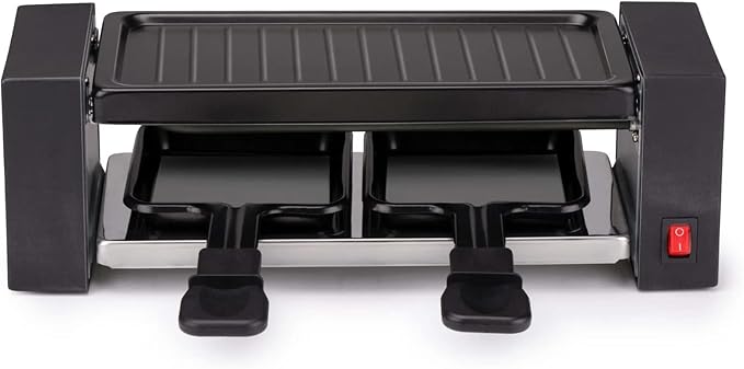 JUNG Alpina Kompakt-Raclette-Grill für 2 Personen – Antihaftbeschichtet, Edelstahl-Mini-Tischgrill mit 2 Pfännchen und Grillplatte, ideal zum Überbacken, Braten, Grillen, Raclettegenuss pur