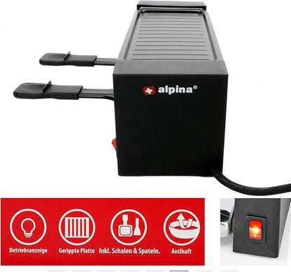JUNG Alpina Kompakt-Raclette-Grill für 2 Personen – Antihaftbeschichtet, Edelstahl-Mini-Tischgrill mit 2 Pfännchen und Grillplatte, ideal zum Überbacken, Braten, Grillen, Raclettegenuss pur