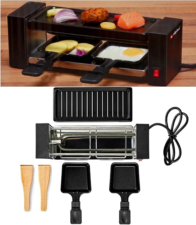 JUNG Alpina Kompakt-Raclette-Grill für 2 Personen – Antihaftbeschichtet, Edelstahl-Mini-Tischgrill mit 2 Pfännchen und Grillplatte, ideal zum Überbacken, Braten, Grillen, Raclettegenuss pur
