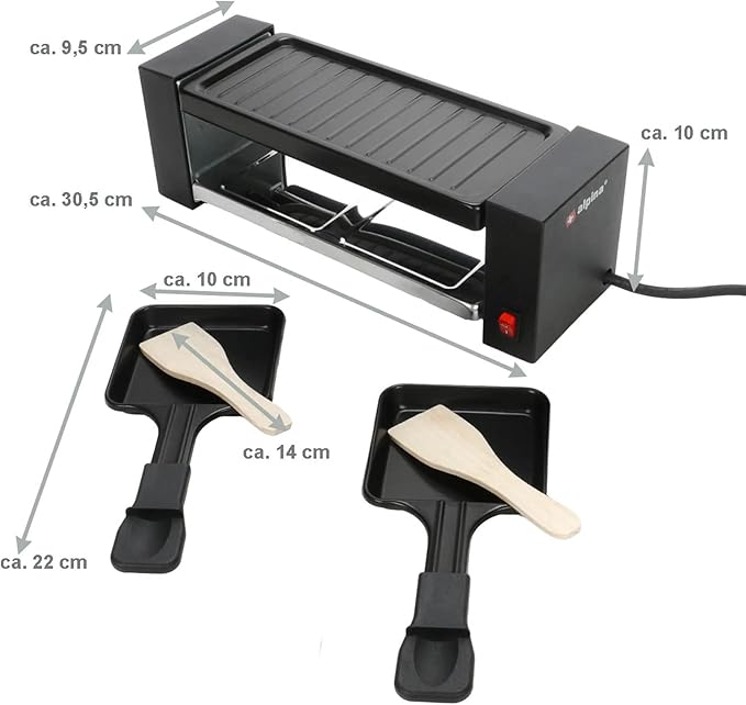 JUNG Alpina Kompakt-Raclette-Grill für 2 Personen – Antihaftbeschichtet, Edelstahl-Mini-Tischgrill mit 2 Pfännchen und Grillplatte, ideal zum Überbacken, Braten, Grillen, Raclettegenuss pur