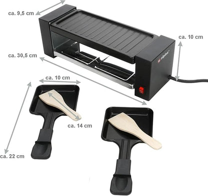 JUNG Alpina Kompakt-Raclette-Grill für 2 Personen – Antihaftbeschichtet, Edelstahl-Mini-Tischgrill mit 2 Pfännchen und Grillplatte, ideal zum Überbacken, Braten, Grillen, Raclettegenuss pur