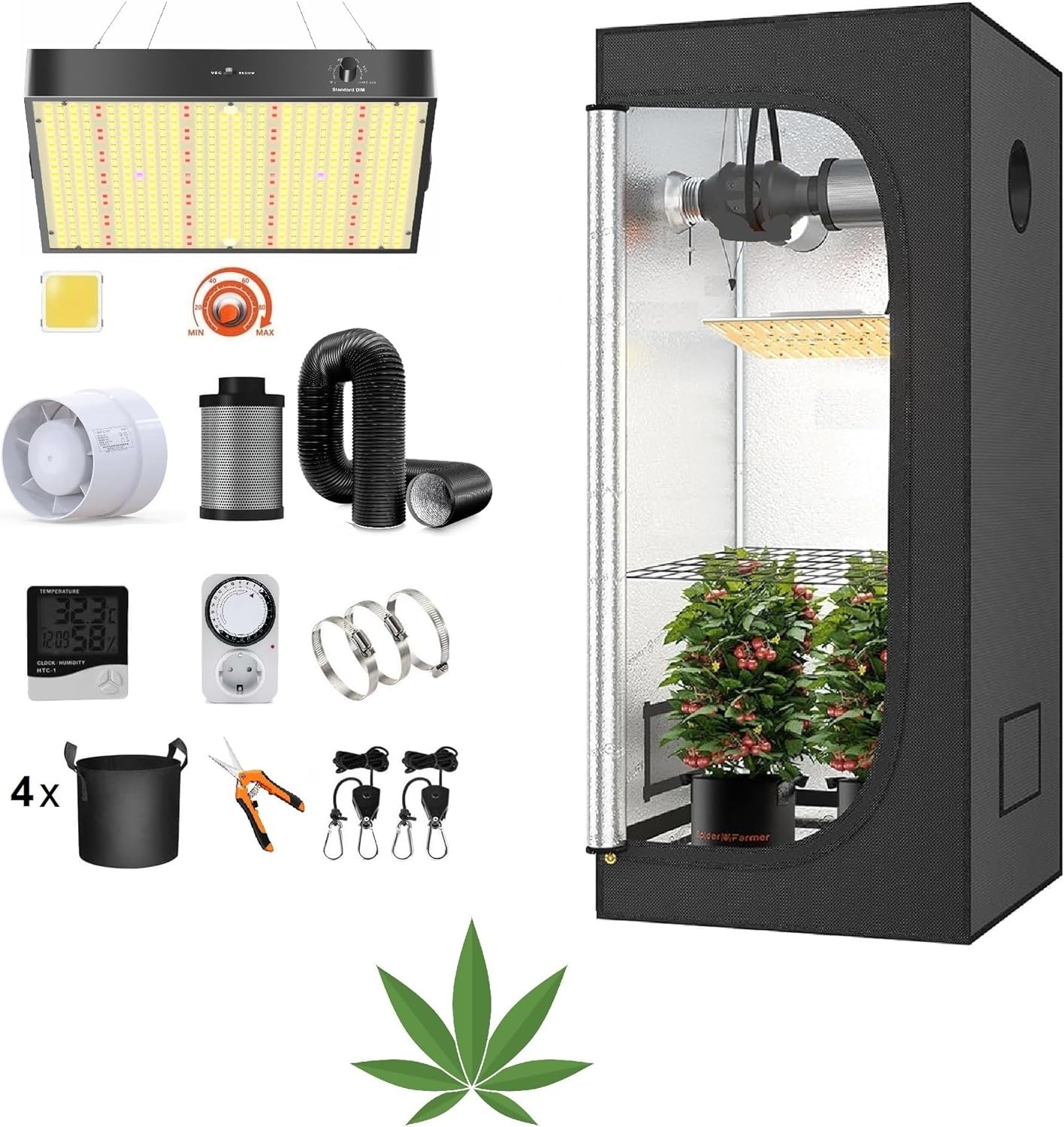 JUNG Growbox Komplettset 100x100x200 cm mit 100W LED Vollspektrum Lampe, Aktivkohlefilter und Inline Lüfter für Indoor Anbau – Perfekt für Keimung, Wachstum, Blüte und Ernte