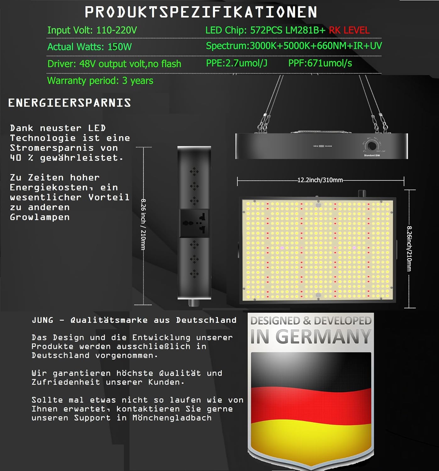 JUNG Growbox Komplettset 100x100x200 cm mit 100W LED Vollspektrum Lampe, Aktivkohlefilter und Inline Lüfter für Indoor Anbau – Perfekt für Keimung, Wachstum, Blüte und Ernte